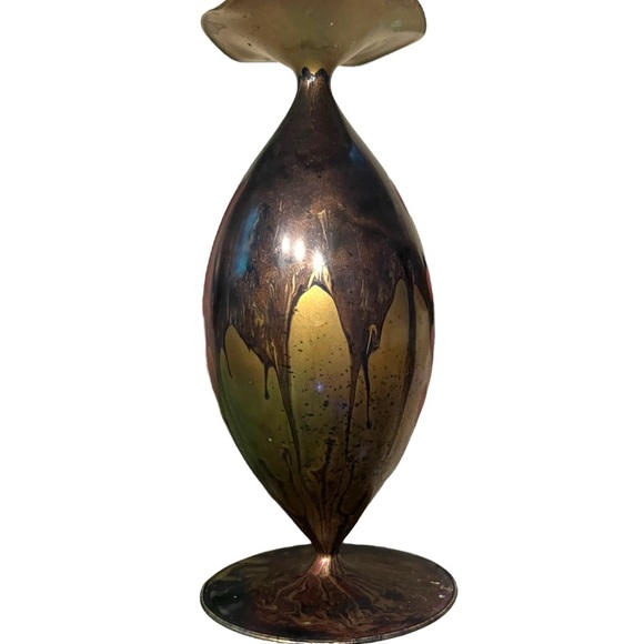 Two Vintage Art Glass Vases 7" Delicate Egg Shell Blown Glass Swirl Brown Gold - Picture 3 of 11